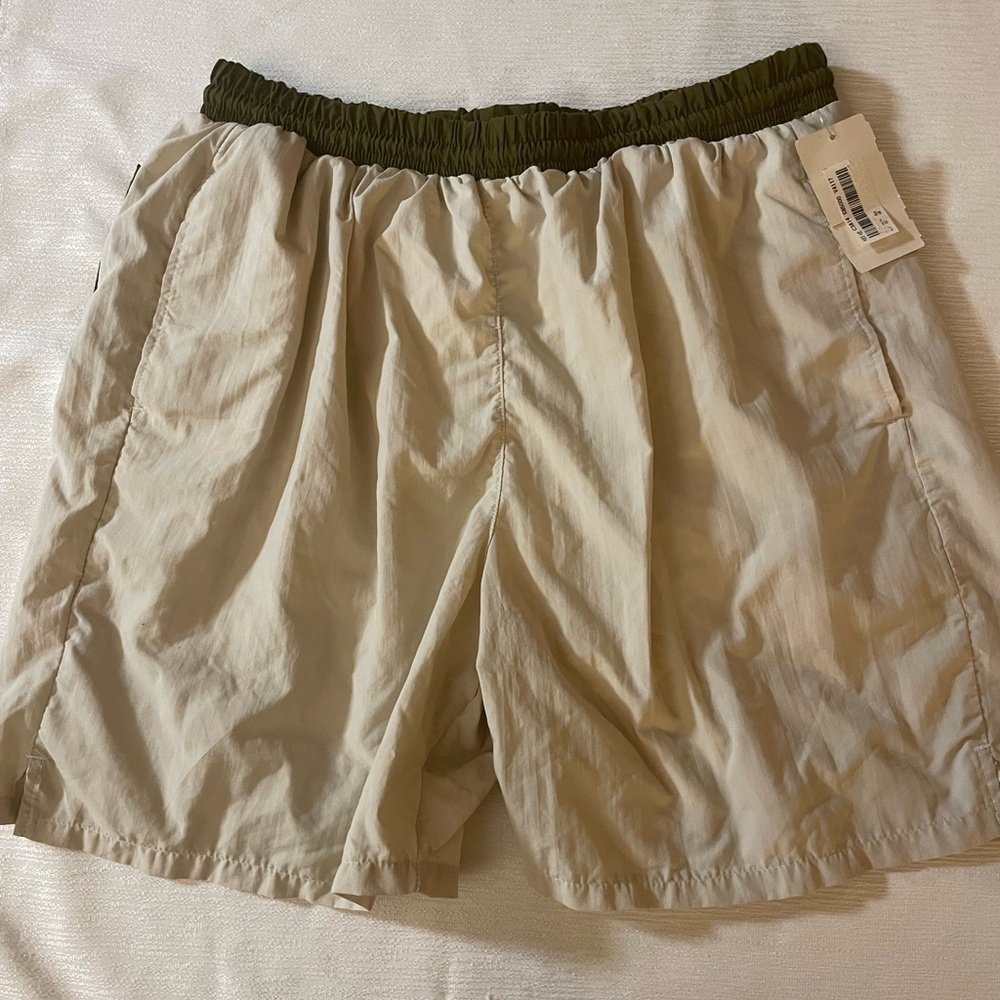 SALE! Vintage 1981 Men's Beige Swim Trunks with Olive Waistband and Pocket